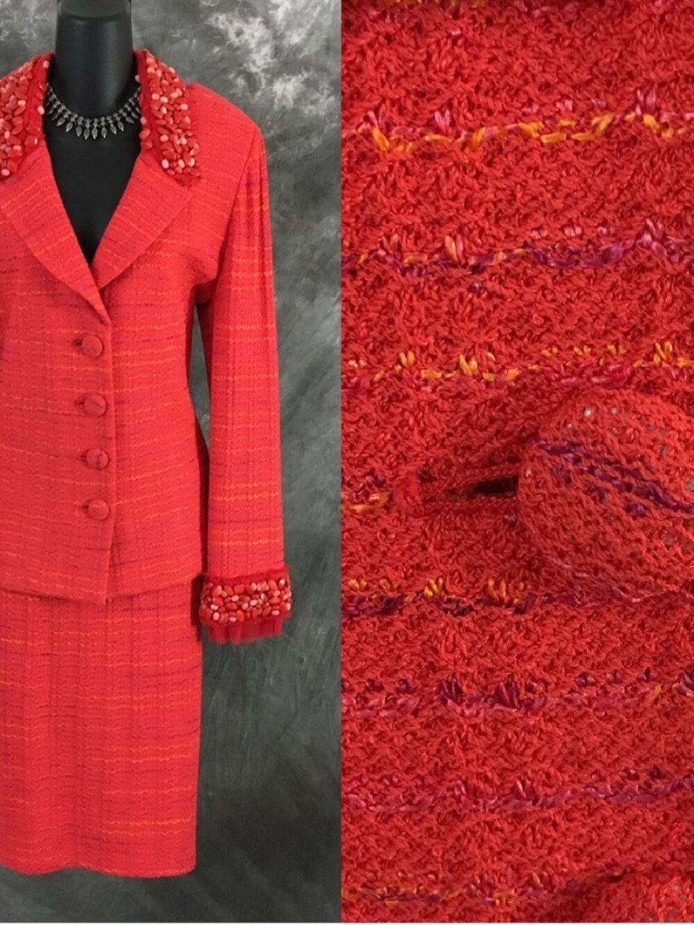 NEW BEAUTIFUL St John Couture knit coral multi jacket skirt suit size 10 12
